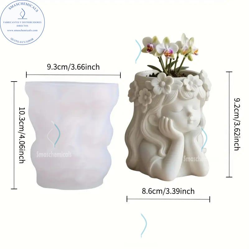 Molde de Silicona 3D Maceta de Niña Pensativa con Flores M596