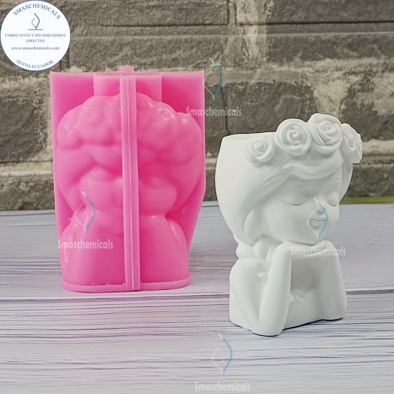 Molde de Silicona 3D Maceta de Niña con Corona de Rosas 7. 5 cm de largo y 4.5 de anchoM613